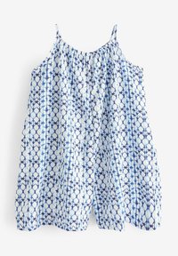 Biała sukienka bez rękawów z cienkimi ramiączkami i luźnym krojem, zdobiona niebieskim geometrycznym wzorem w romby i gwiazdki.