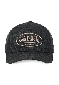 Black trucker cap with subtle leopard print pattern and beige "Von Dutch California" embroidered logo on front panel. Mesh back panels visible.
