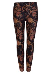 Vaqueros con estampado en negro con diseño de paisley en naranja y dorado; corte ajustado; tela de denim; estilo de cinco bolsillos con acentos de metal.