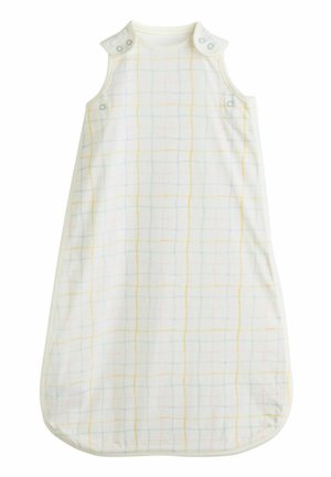 Ärmelloser weißer Babyschlafsack mit mehrfarbigen Gitternetzlinien und Druckknöpfen an Schultern und Seiten.