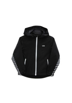 Czarna kurtka z kapturem z białym zamkiem błyskawicznym, logo Vans na piersi i czarno-białym wzorem w kratkę na dolnej części rękawów.