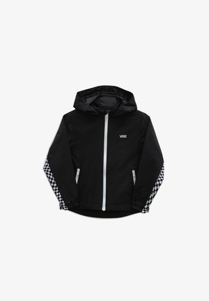 Chaqueta negra con capucha y cremallera blanca, logo de Vans en el pecho y patrón de cuadros en blanco y negro en la parte baja de las mangas.