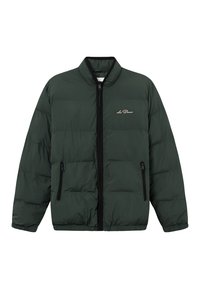 Green puffer jacket with a zip front, elastic cuffs, and hem. Features two zippered side pockets and a logo on the chest.