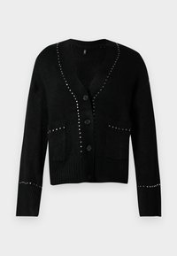 Cardigan noir en tissu doux, avec un col en V, des poches avant, des boutons et des clous décoratifs le long des bords et des manches.