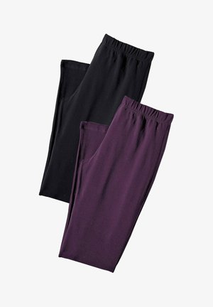Two pairs of stretch leggings: one black and one purple, featuring soft fabric, elastic waistband, and simple, unembellished design.
