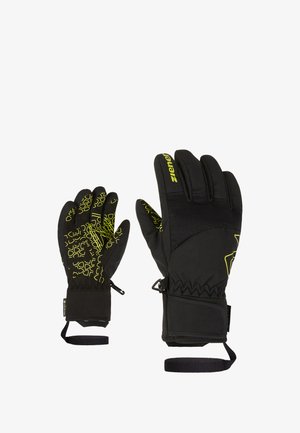 Schwarze Handschuhe mit gelben Akzentmustern, ausgestattet mit einer strukturierten Grifffläche, elastischem Handgelenk und verstellbaren Riemen für einen sicheren Sitz.