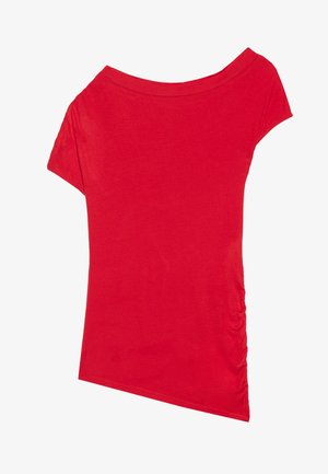 Punane lühikeste varrukate ja laia kaelusega T-särk, millel on kokkutõmmatud külgede detail. Valmistatud pehmest, siledast kangast, millel on mugav lõike.