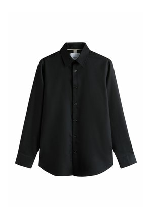 Black long-sleeve button-up shirt with pointed collar and cuffs, displayed flat against a white background.