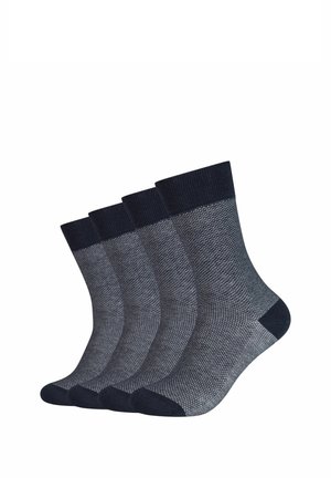 Vier dunkelgraue Knöchelsocken mit schwarzen Bündchen, Zehen und Fersen, leicht fächerförmig auf weißem Hintergrund angeordnet.