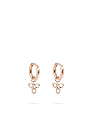 Rose gold hoop earrings with small three-petal floral charms and clear gemstone centers on a white background.