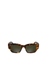 Okulary przeciwsłoneczne w stylu tortoise z kanciastą oprawą, szarymi soczewkami i subtelnym brandingiem z przodu. Gładkie, błyszczące wykończenie z mocnymi zausznikami.