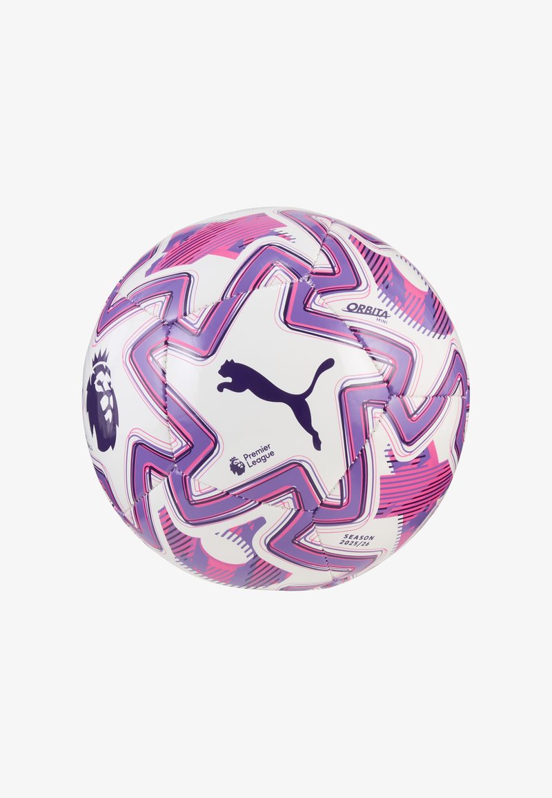 Ballon de football Puma blanc avec des motifs en zigzag violets et roses, logo de la Premier League et texte "Saison 2025/26".