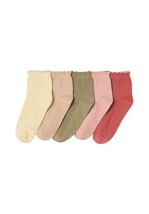 Five pairs of ankle socks in soft ribbed knit, arranged side by side in cream, beige, olive green, light pink, and dusty rose colors.