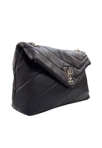 Borsa a spalla in pelle nera trapuntata con tracolla in metallo argentato e logo "VLP" argentato sulla patta anteriore.