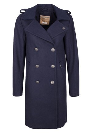 Navy blue double-breasted wool coat with six silver buttons, wide lapels, and long sleeves.