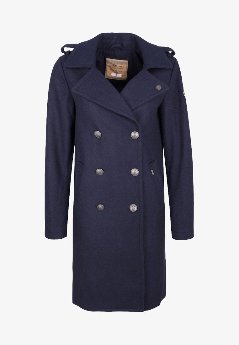 Manteau en laine bleu marine à double boutonnage avec six boutons argentés, larges revers et manches longues.