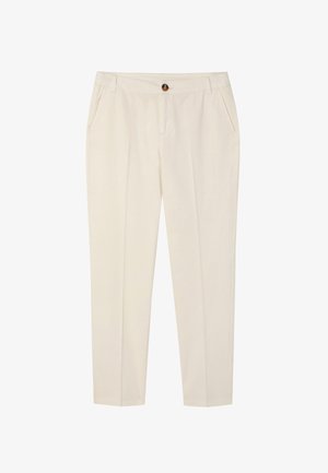 Hellbeige Hosen mit maßgeschneidertem Schnitt, aus glattem Stoff gefertigt. Sie verfügen über zwei Vorderaschen, einen Knopfverschluss und gerade Beine.