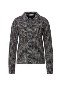 Svart och vit mönstrad jacka gjord av strukturerat tyg, med krage, knappframsidan och två bröstfickor. Långa ärmar.