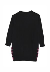 Maglione nero a maglia con maniche lunghe, scollo rotondo e dettagli in pizzo rosa lungo i lati. Tessuto morbido e forma rilassata.