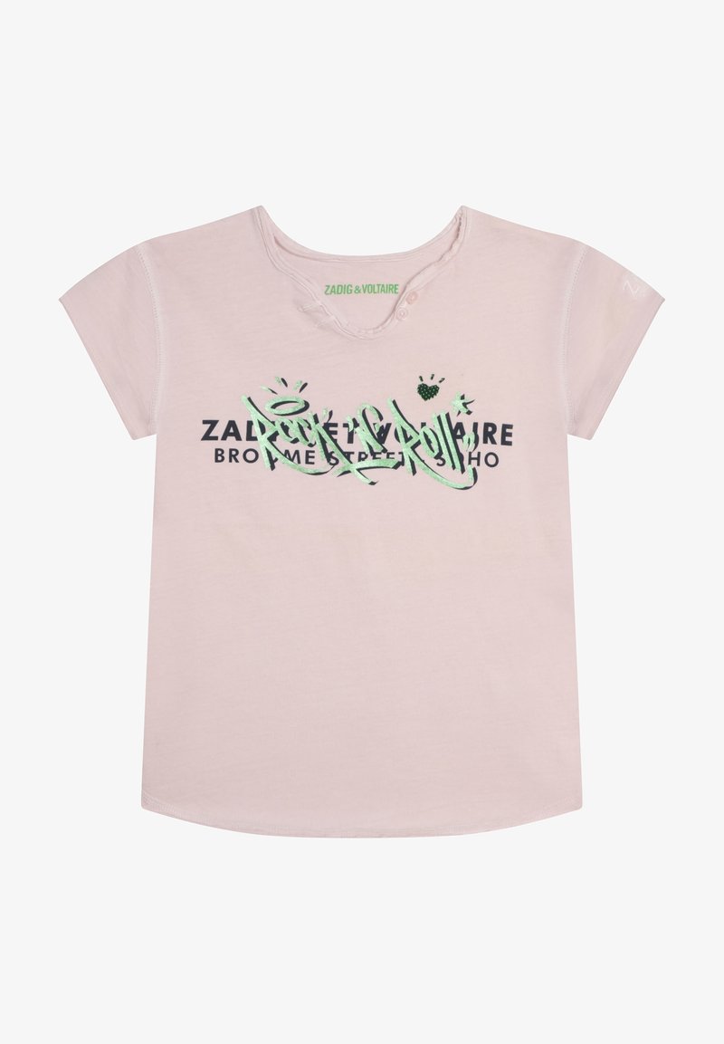 Lyserød bomulds T-shirt med korte ærmer og rund halsudskæring, prydet med sort og grønt grafisk tekst samt pynt som hjerter og stjerner.