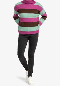 Pull à col roulé rayé en vert, rose et marron, en maille côtelée ; associé à un jean skinny noir et des baskets blanches.