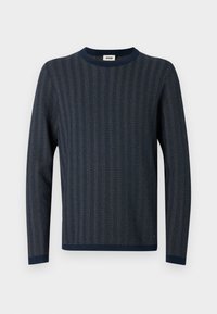 Maglione a maglia blu navy con motivo a zigzag, collo rotondo e maniche lunghe con polsini e orlo blu navy a contrasto.