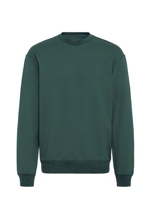 Dunkelgrüner Pullover mit Rundhalsausschnitt, langen Ärmeln sowie gerippten Bündchen an Ärmeln und Saum, dargestellt vor einem schlichten weißen Hintergrund.