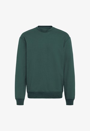 Dunkelgrüner Pullover mit Rundhalsausschnitt, langen Ärmeln sowie gerippten Bündchen an Ärmeln und Saum, dargestellt vor einem schlichten weißen Hintergrund.