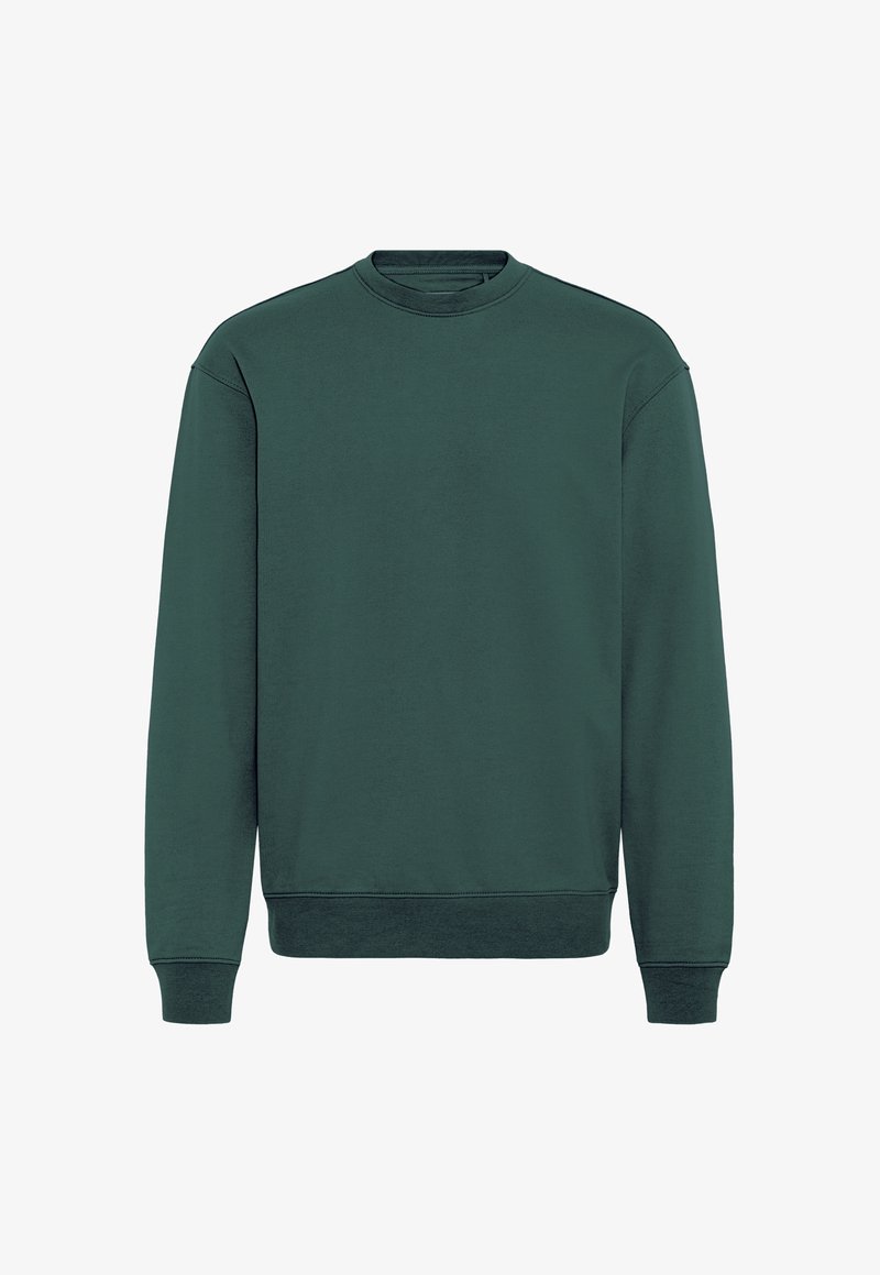 Dunkelgrüner Pullover mit Rundhalsausschnitt, langen Ärmeln sowie gerippten Bündchen an Ärmeln und Saum, dargestellt vor einem schlichten weißen Hintergrund.