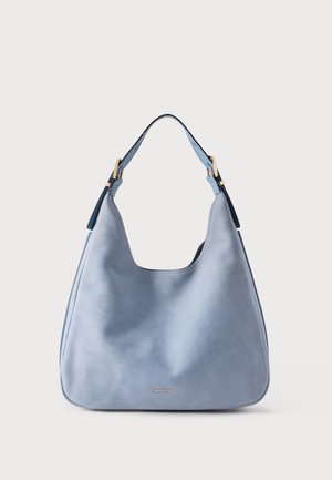Sac à bandoulière en cuir bleu clair avec une seule sangle et des accents de boucle couleur or, logo Michael Kors au centre en bas.