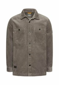 Grå manchesterjakke med to brystlommer, sorte knapper og spids krave. Har et tekstureret stof med lodrette riller.