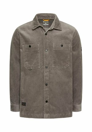 Szara sztruksowa kurtka z dwoma kieszeniami na piersiach, czarnymi guzikami i kołnierzykiem w szpic. Charakteryzuje się teksturowaną tkaniną z pionowymi prążkami.