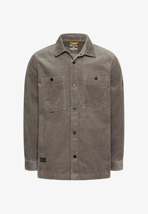 Szara sztruksowa kurtka z dwoma kieszeniami na piersiach, czarnymi guzikami i kołnierzykiem w szpic. Charakteryzuje się teksturowaną tkaniną z pionowymi prążkami.