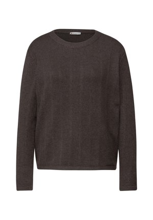 Donkergrijze gebreide trui met een ronde hals, lange mouwen en een ontspannen pasvorm. Heeft een geribbelde textuur en een iets cropped zoom.