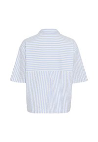 Short-sleeve shirt in light blue and white stripes, featuring a subtle textured fabric and a back pleat detail.