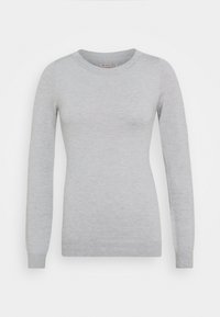 Pullover grigio a maniche lunghe realizzato in tessuto morbido. Presenta un collo rotondo e una silhouette aderente con polsini e orlo a costine.