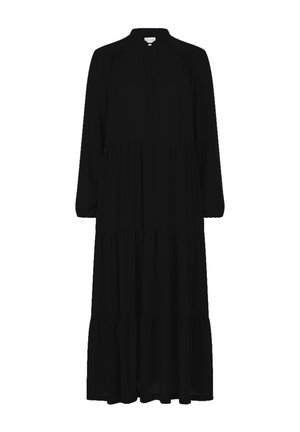 Schwarzes, mehrstufiges Maxikleid mit langen Ärmeln und Mandarin-Kragen. Weicher Stoff mit fließender Silhouette und gerafften Details am Oberteil.