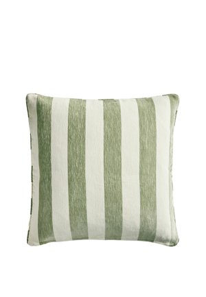 Rectangular pillow with soft green and white vertical stripes and slightly rounded corners against a plain background.
