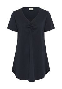 T-shirt bleu marine à manches courtes en tissu doux, avec un détail plissé au niveau de la poitrine et un ourlet arrondi pour un ajustement décontracté.