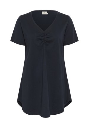 Temno modra kratka majica z V-izrezom iz mehkega materiala z nabranjem na prsih in ukrivljenim robom za sproščen fit.