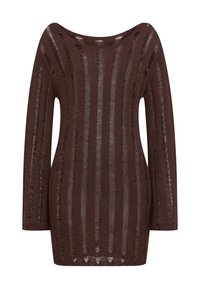 Καφέ πλεκτό τοπ με μακριά μανίκια και φαρδιά λαιμόκοψη, με ριγέ μοτίβο από ανοιχτές και συμπαγείς περιοχές σε όλο το ύφασμα.