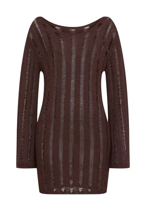 Καφέ πλεκτό τοπ με μακριά μανίκια και φαρδιά λαιμόκοψη, με ριγέ μοτίβο από ανοιχτές και συμπαγείς περιοχές σε όλο το ύφασμα.