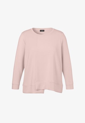 Light pink sweatshirt made of soft fabric, featuring a round neckline, long sleeves, and a slight asymmetrical hem with seam detailing.
