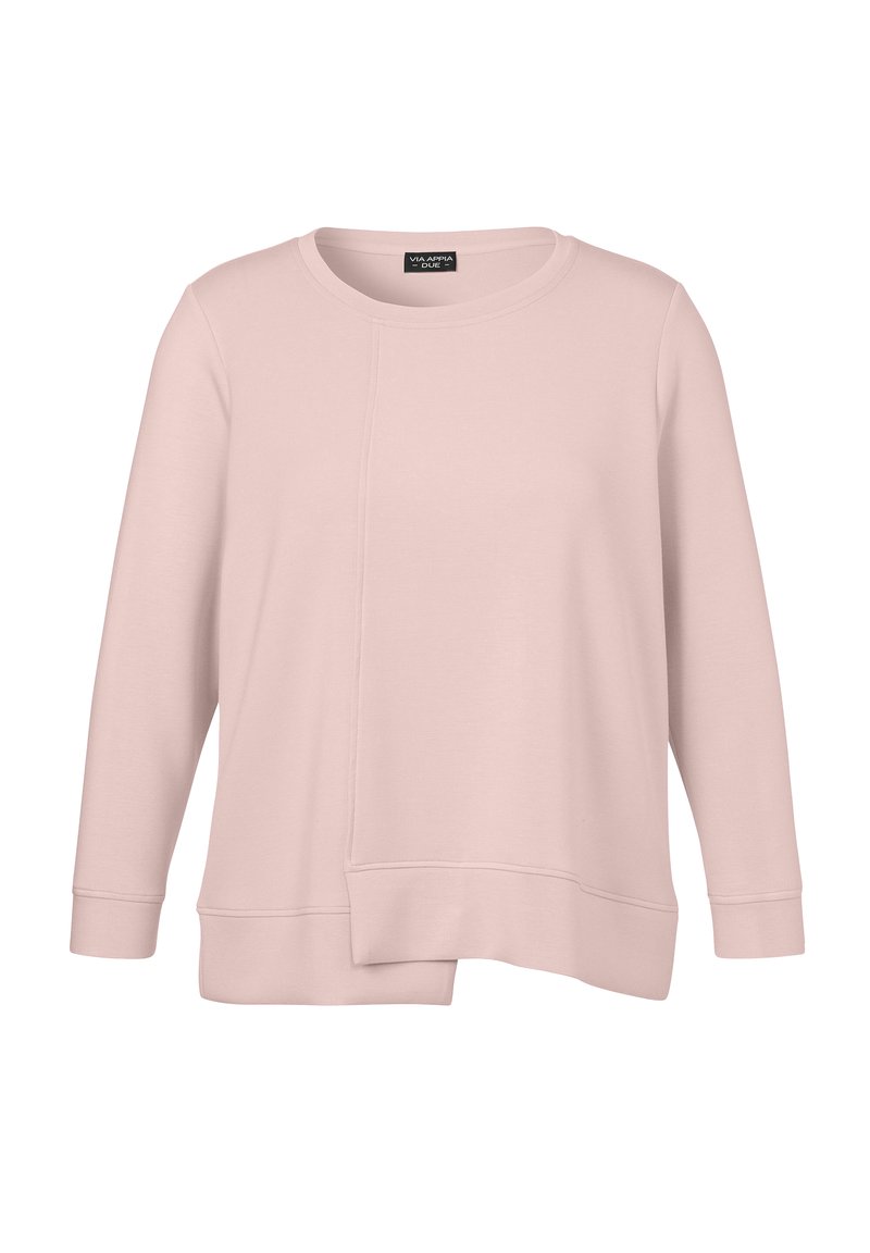 Helles rosa Sweatshirt aus weichem Stoff, mit Rundhalsausschnitt, langen Ärmeln und einem leicht asymmetrischen Saum mit Nahtdetails.