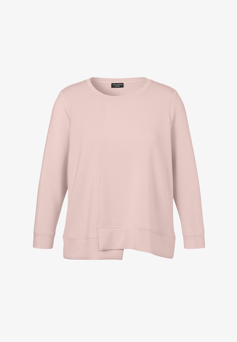 Sweatshirt rose clair en tissu doux, avec un col rond, des manches longues et un ourlet légèrement asymétrique agrémenté de coutures.