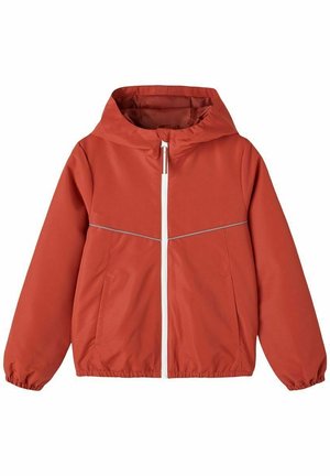 Rostorange Kapuzenjacke mit weißem Frontreißverschluss, elastischen Bündchen, zwei Seitentaschen und einem reflektierenden Streifen über der Brust.