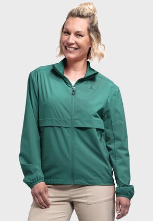 Green lightweight jacket with a full front zipper, standing collar, and two side pockets. Smooth texture and elastic cuffs.