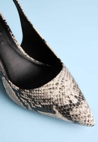 Chaussure à talon haut à bout pointu avec un imprimé serpent noir et beige, surface texturée, et un intérieur noir lisse et élégant.