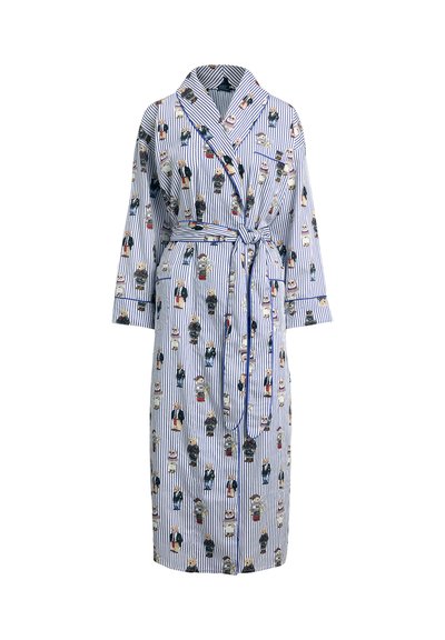 Blauw-wit gestreepte badjas met ceintuur, met herhaalde patronen van teddyberen die verschillende outfits dragen.