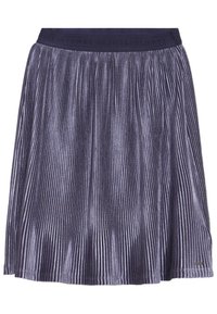 Plisovaná sukně v tmavě fialové barvě se strukturovaným leskem, s širokým elastickým pasem s vyraženým názvem značky.